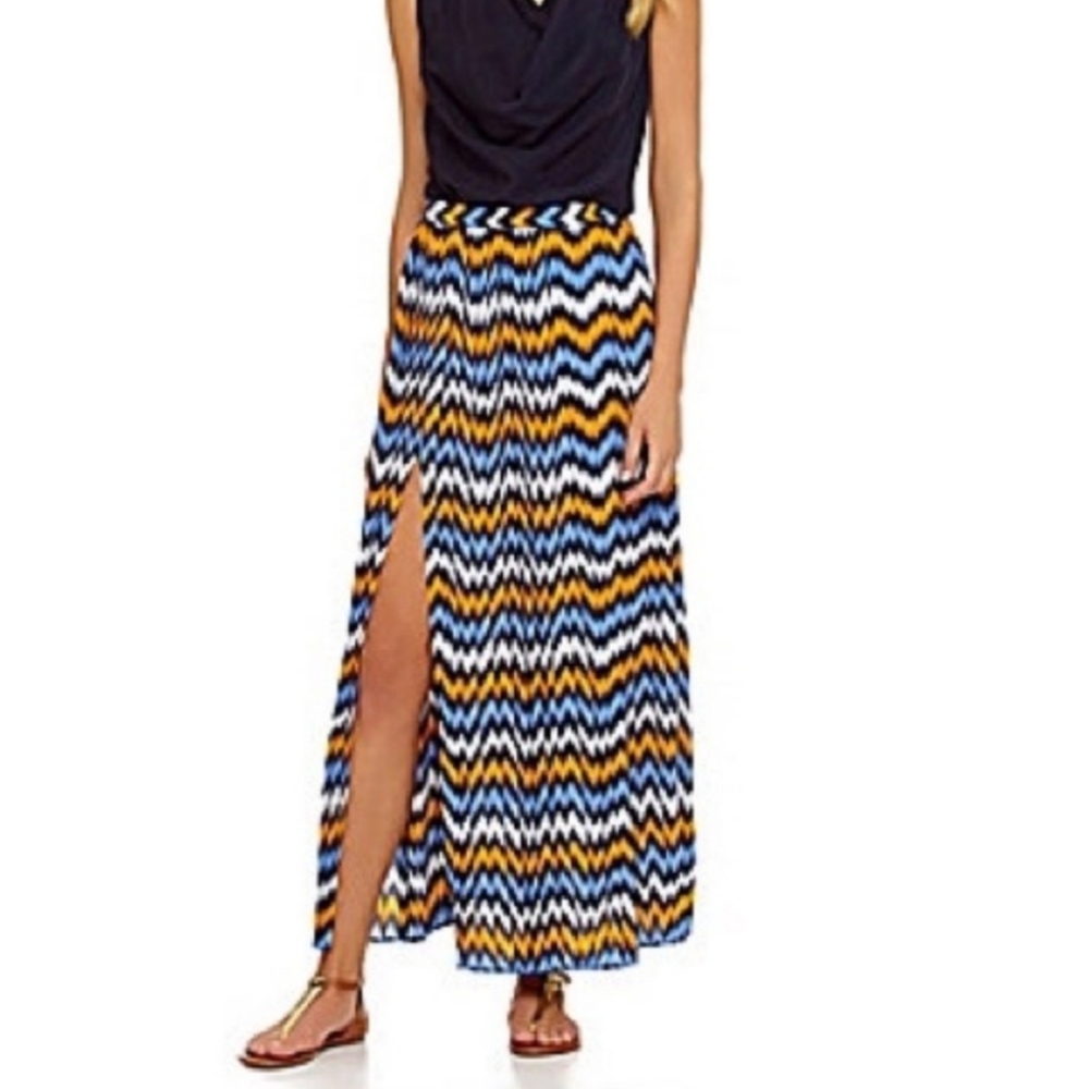 Michael Kors Skirt Size Medium Yellow Black Pleated Chevron Maxi Side Slit Boho